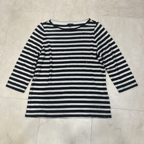 NWOT Talbots Sz Large L Sweater Black & White Sequins Striped 3/4 Sleeve - Picture 1 of 8